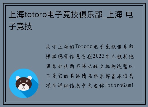 上海totoro电子竞技俱乐部_上海 电子竞技